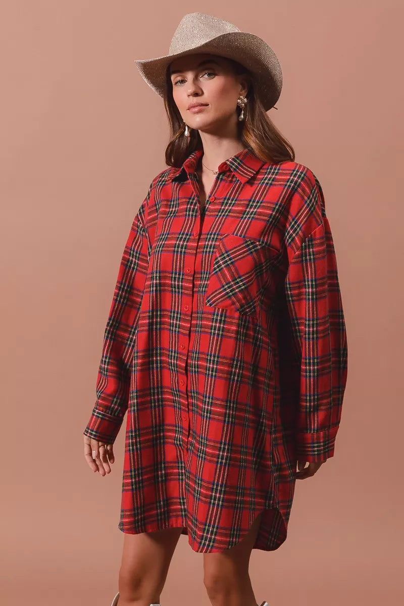 Rotes Weihnachts-Karomuster Button-Up Übergroßes Hemdblusenkleid