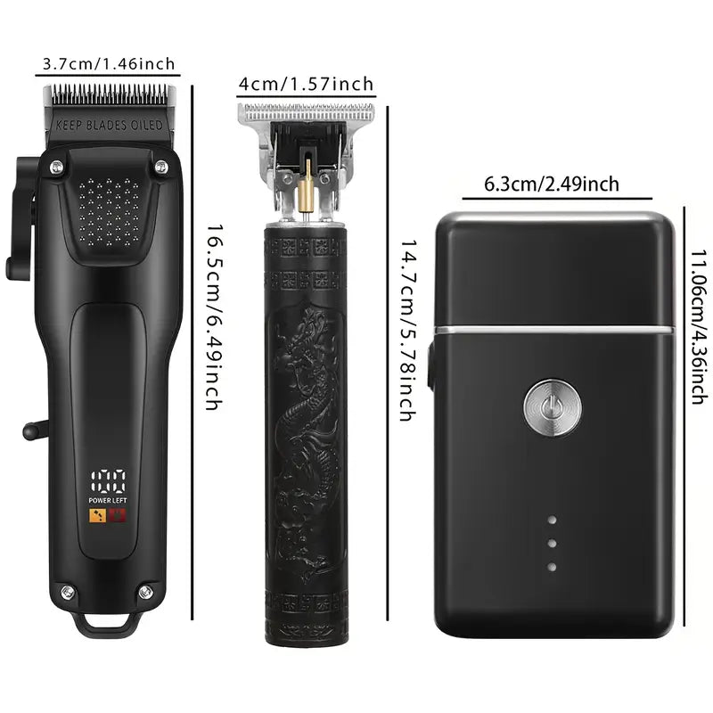 GroomMaster - 3-teiliges Professionelles Haar- und Bartpflege-Set für Herren, Kabellose Trimmer mit LED-Display, USB-aufladbar