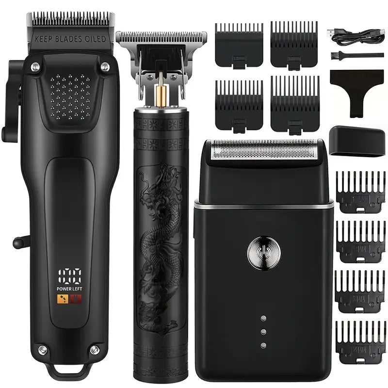 GroomMaster - 3-teiliges Professionelles Haar- und Bartpflege-Set für Herren, Kabellose Trimmer mit LED-Display, USB-aufladbar