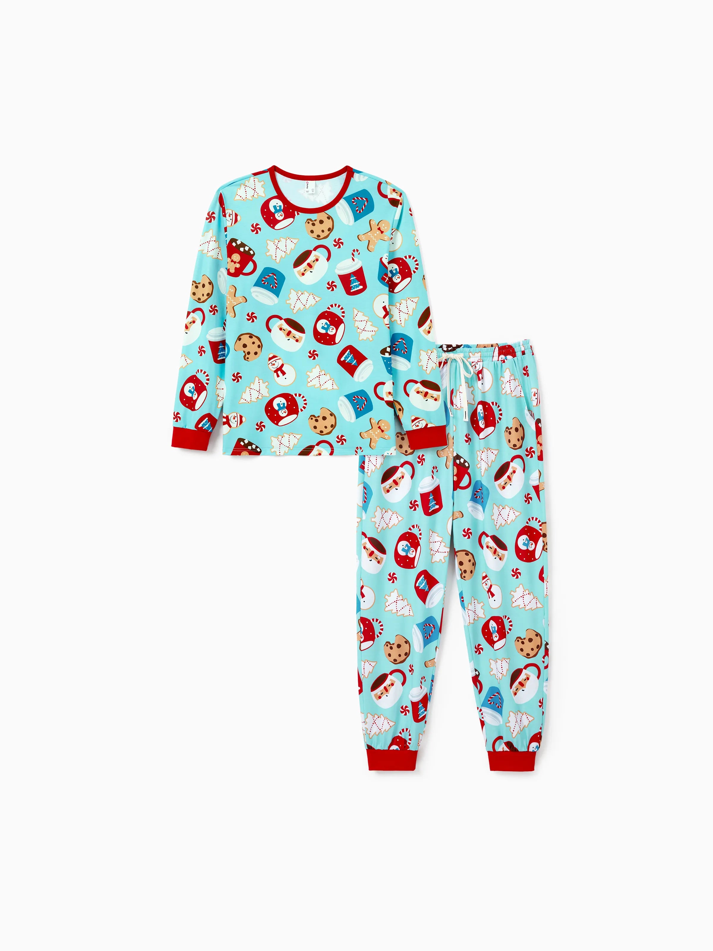 BlueGinger | Weihnachts Familien Pyjama Set Lebkuchenmuster Blau Rot mit Hellblauen Socken