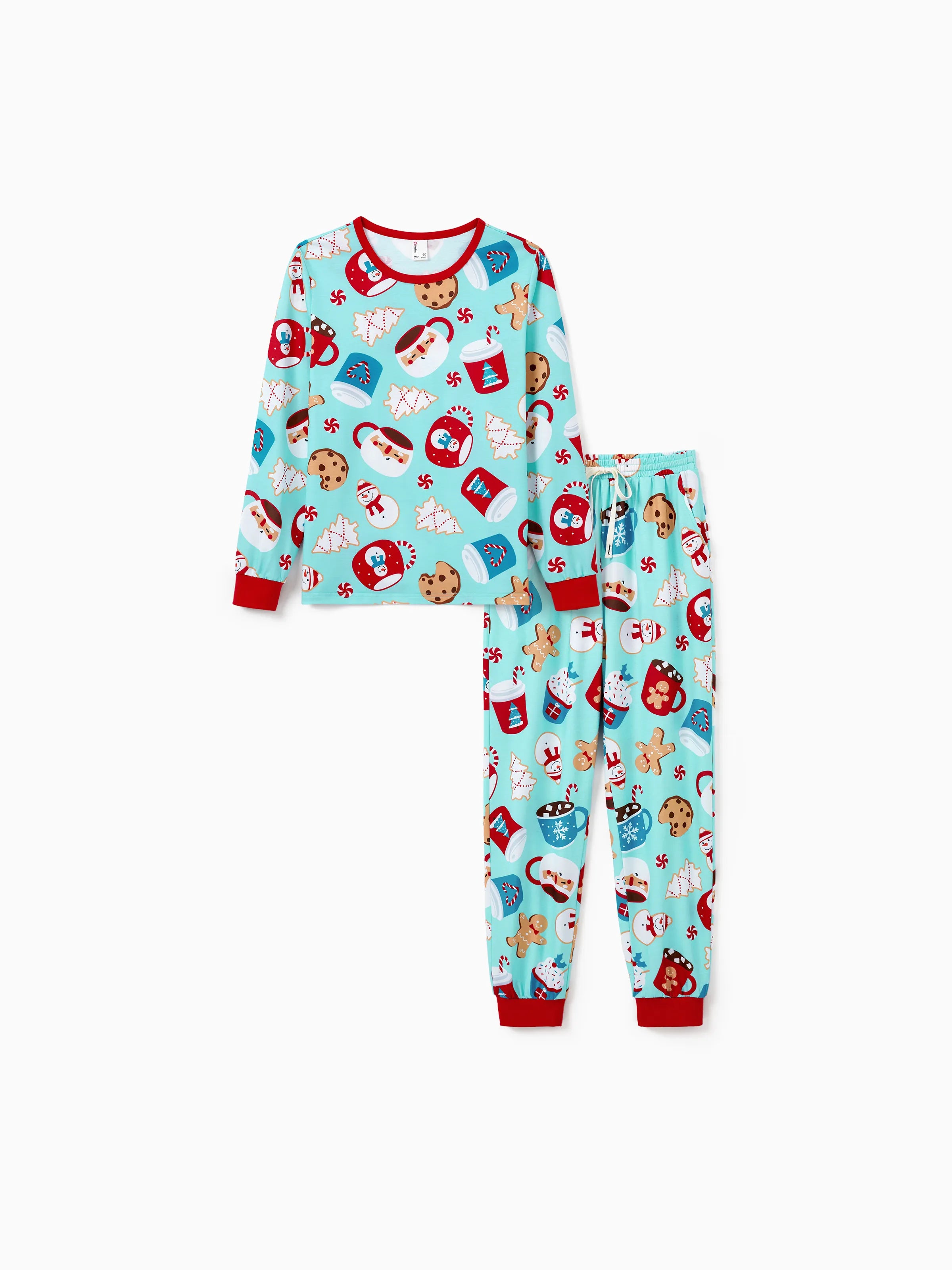 BlueGinger | Weihnachts Familien Pyjama Set Lebkuchenmuster Blau Rot mit Hellblauen Socken