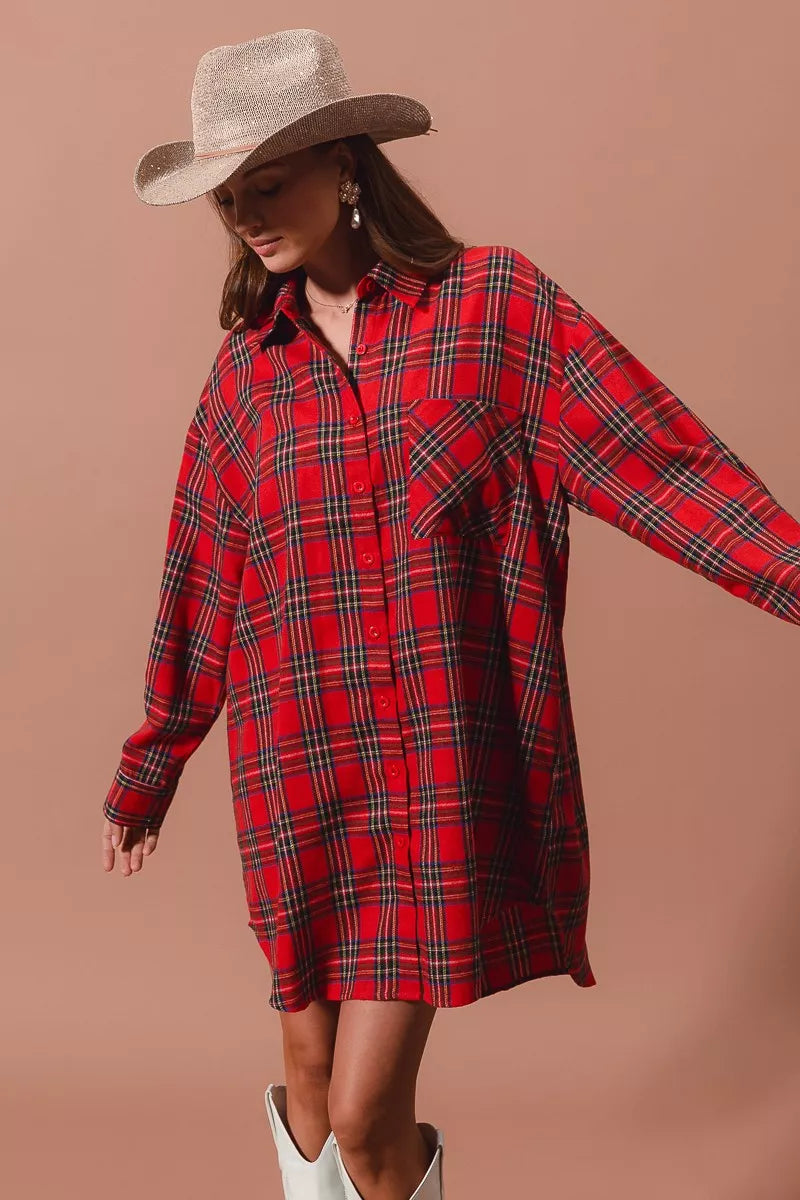 Rotes Weihnachts-Karomuster Button-Up Übergroßes Hemdblusenkleid