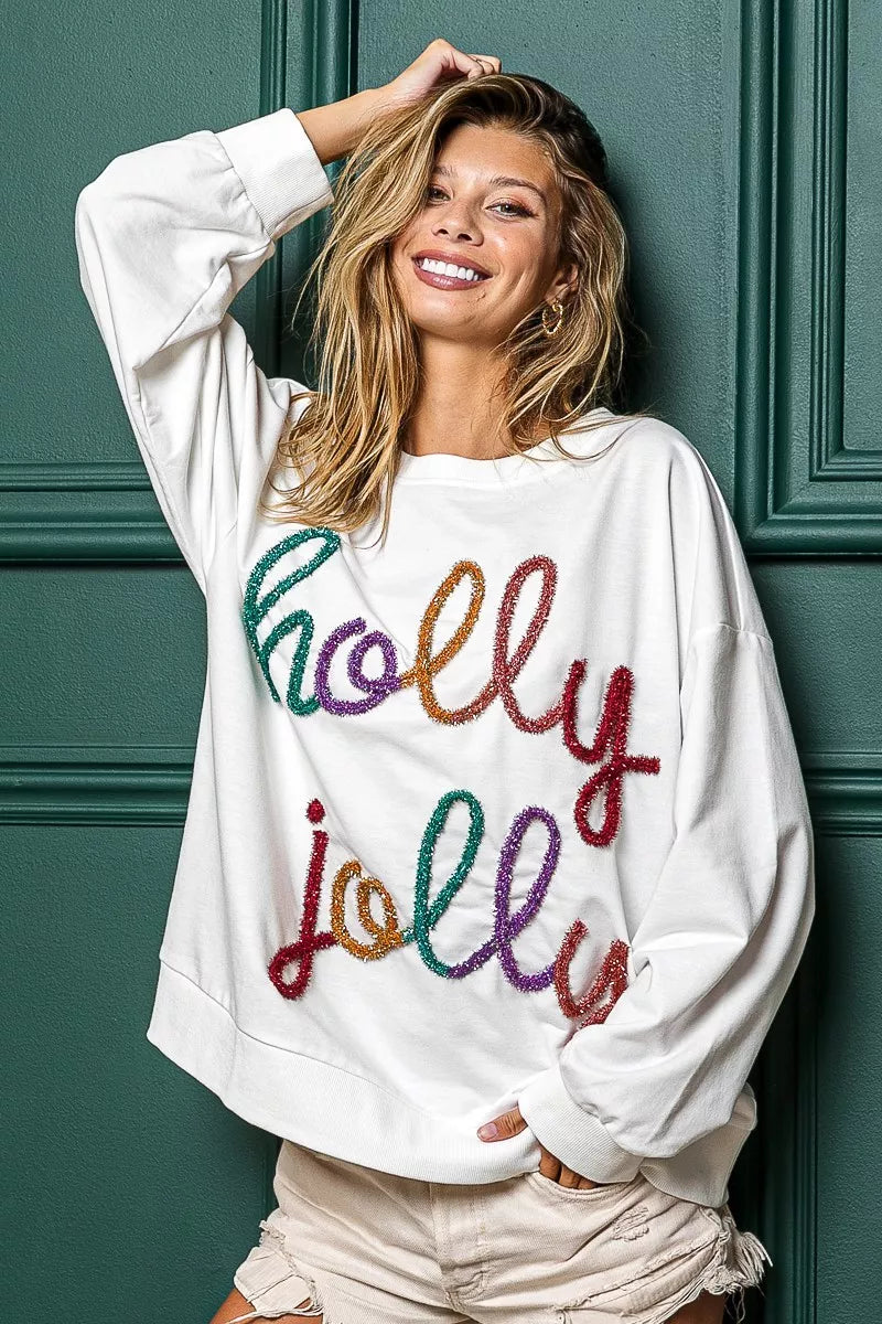 Weißes “Holly Jolly” Pailletten-Beschriftung Weihnachts-Sweatshirt