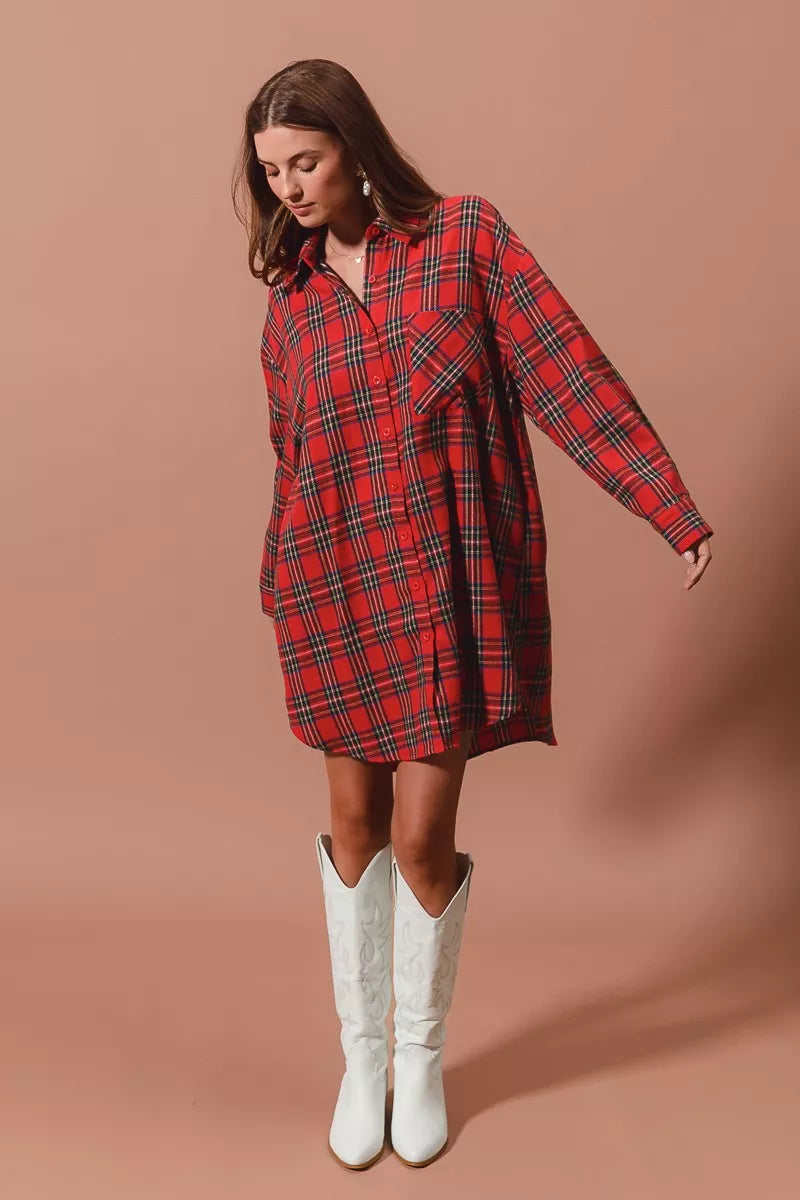 Rotes Weihnachts-Karomuster Button-Up Übergroßes Hemdblusenkleid