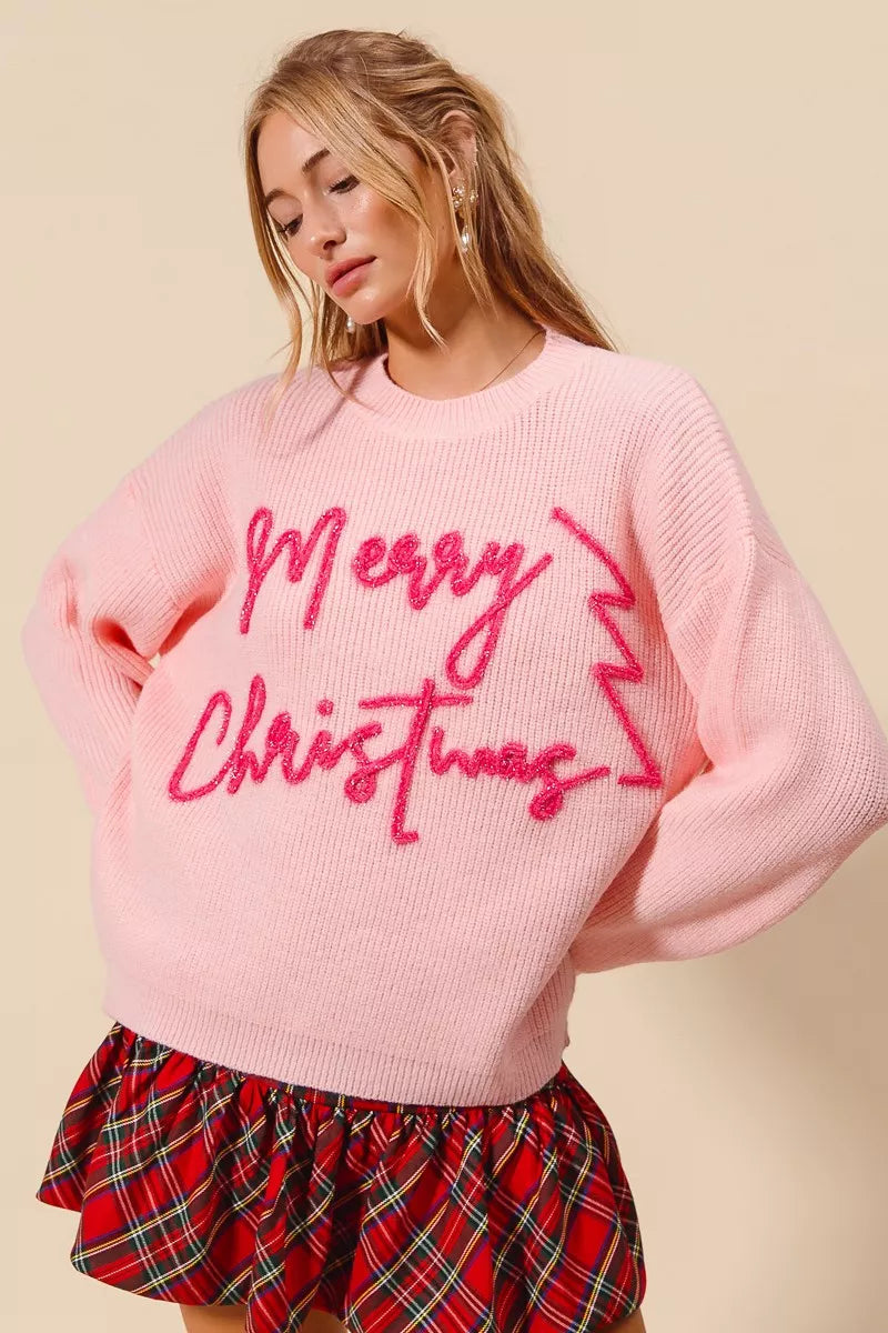 Rosa “Frohe Weihnachten” Glitzer Schriftzug Pullover