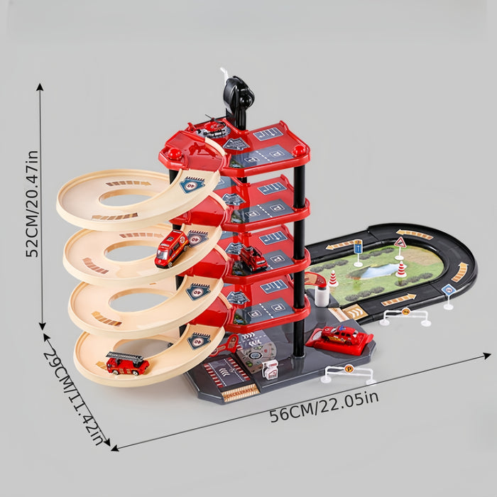 FirePark Garage Spielset - Mehrere Etagen mit Feuerwehrwagen und Verkehrsschildern für abenteuerlustige Kinder