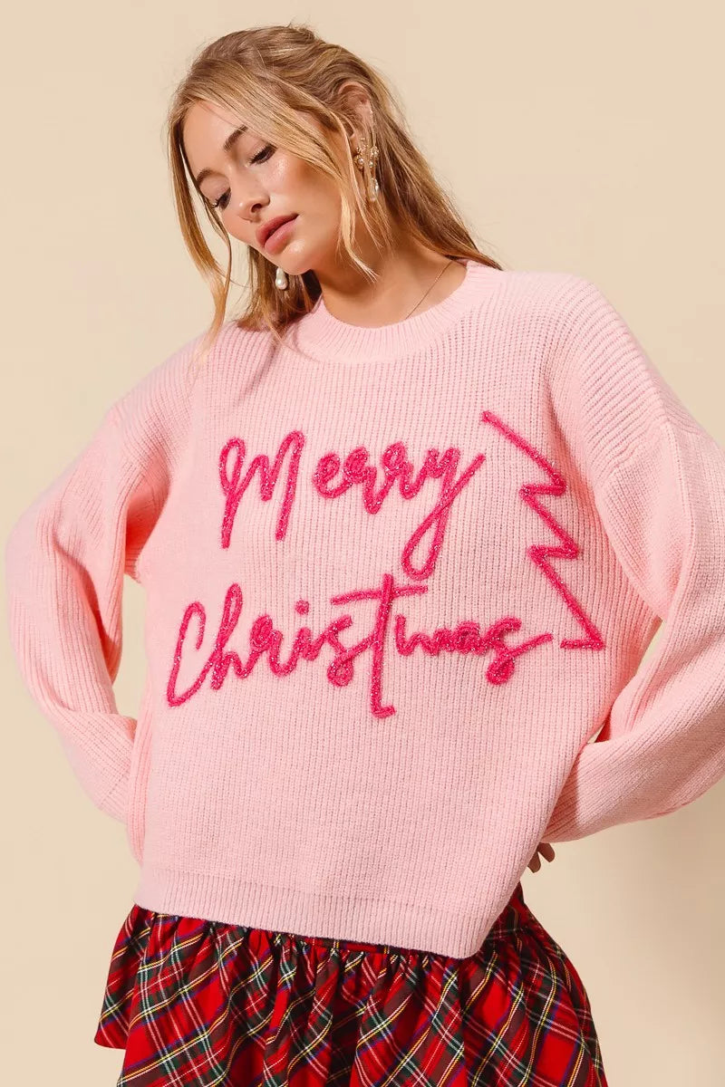 Rosa “Frohe Weihnachten” Glitzer Schriftzug Pullover