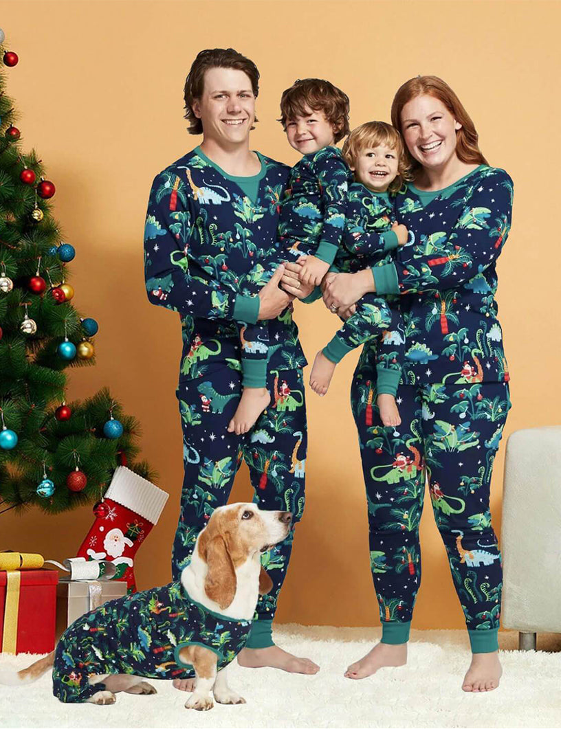 Weihnachtliches Dinosaurier-Muster Passende Familien-Weihnachtspyjamas - Hundepyjamas inklusive