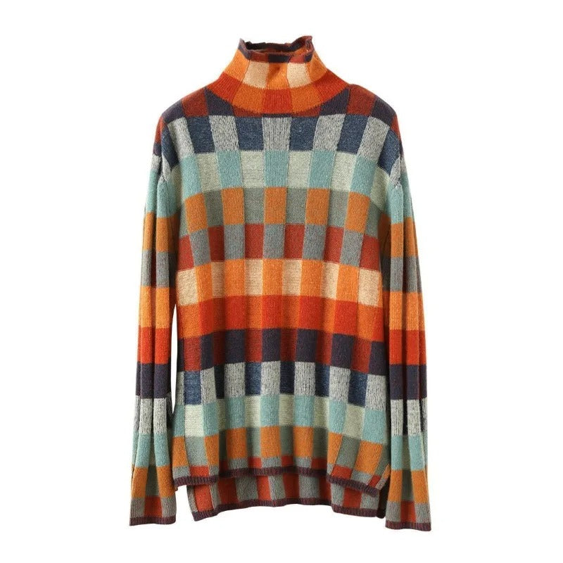 CashLoom Kaschmirpullover – Patchwork Damenpullover mit Rollkragen und nachhaltigem Design