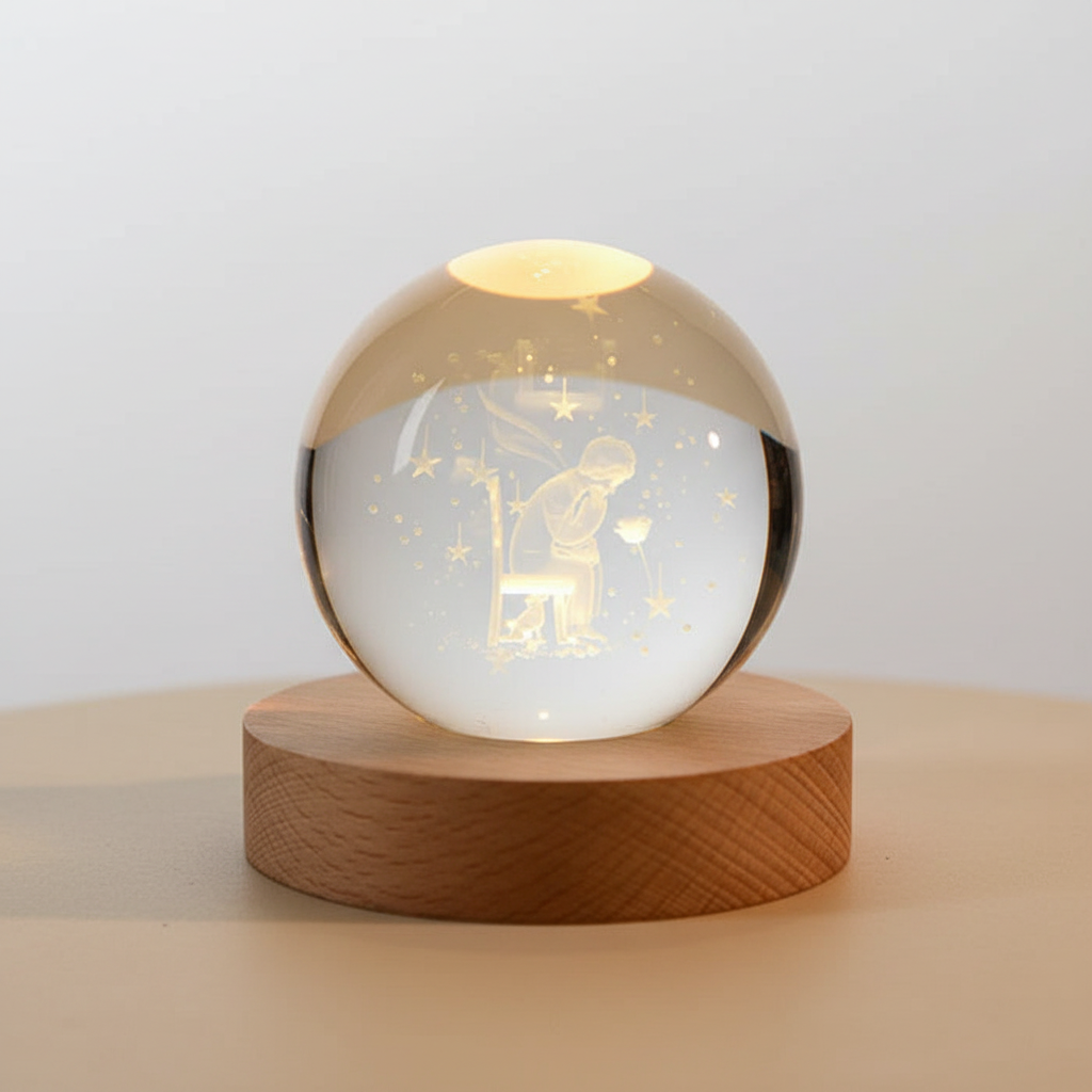 AstroGlobe 3D Lampe – Kugelförmige Holz-Tischlampe mit Warm-LED-Licht und Planeten-Design