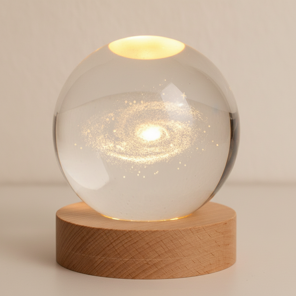 AstroGlobe 3D Lampe – Kugelförmige Holz-Tischlampe mit Warm-LED-Licht und Planeten-Design