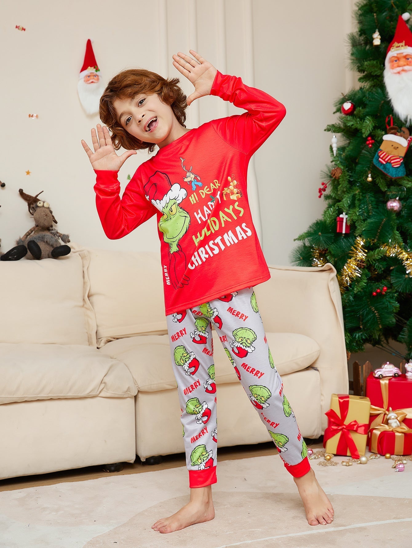 Klassische Grinch passende Familien-Weihnachtspyjamas | Pyjamas für Erwachsene, Kinder & Hunde
