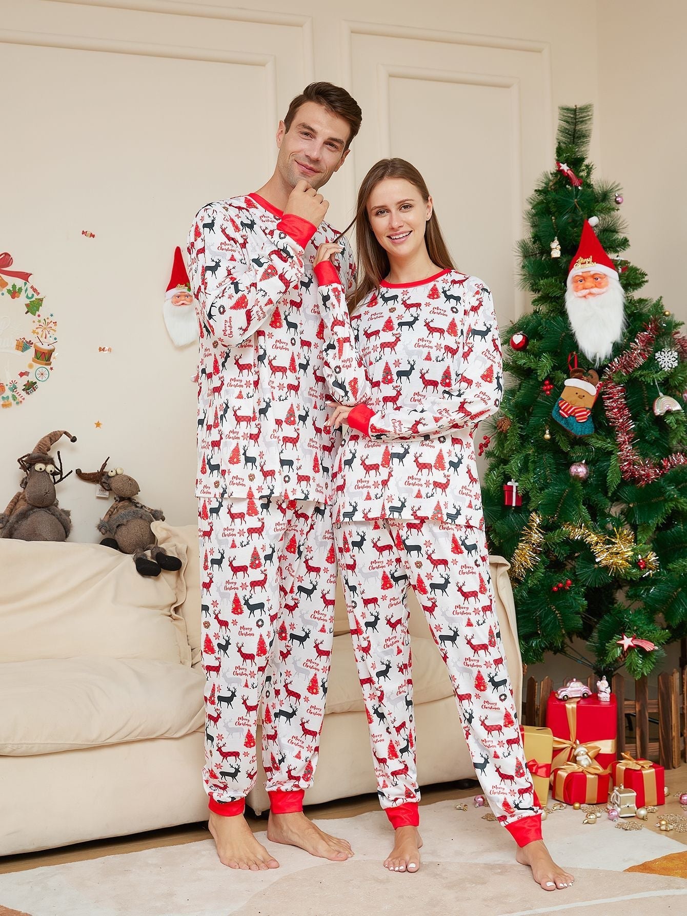 Weihnachtsrentier-Druck passende Familien-Weihnachtspyjamas | Pyjamas für Erwachsene, Kinder & Hunde