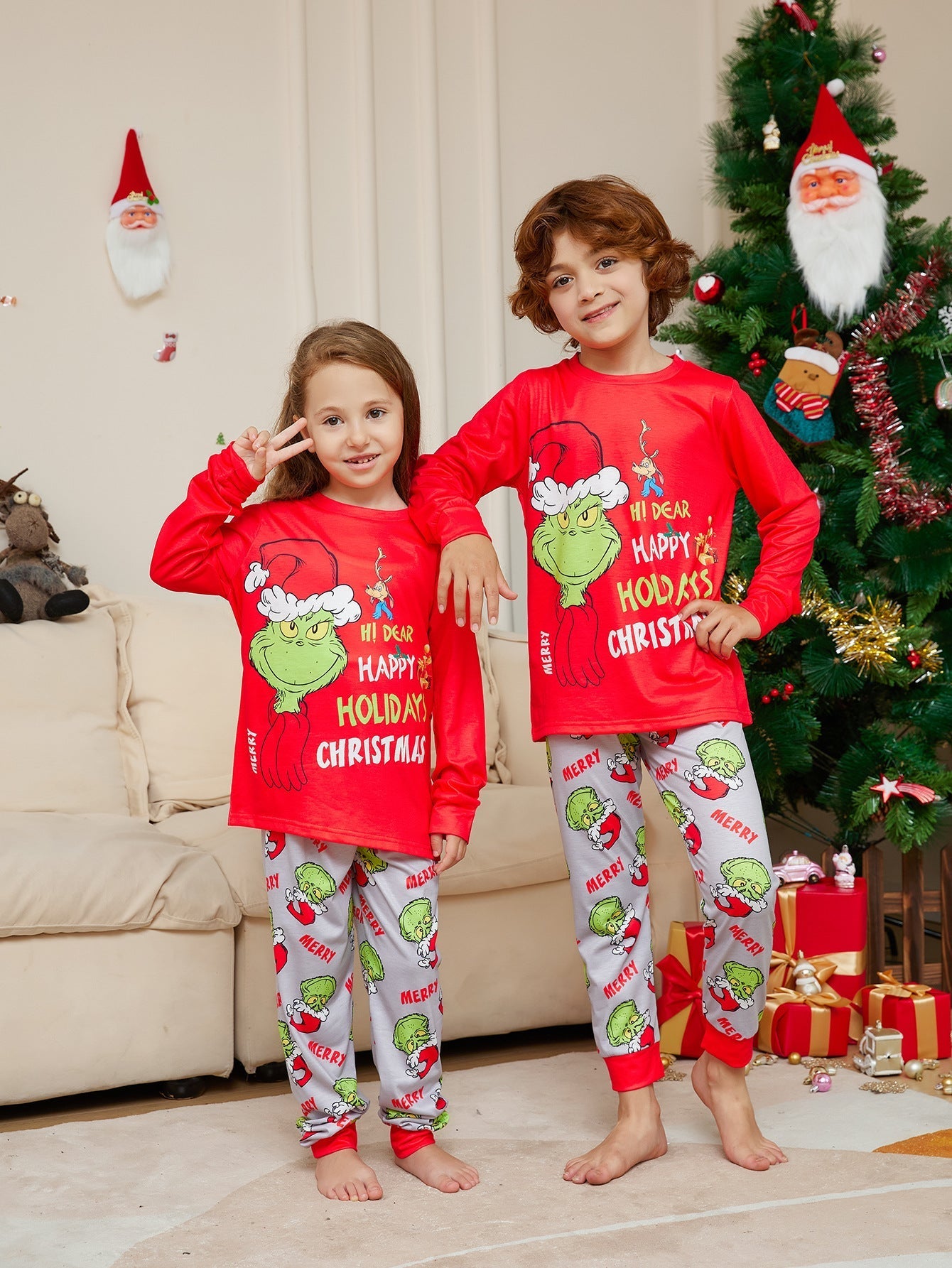 Klassische Grinch passende Familien-Weihnachtspyjamas | Pyjamas für Erwachsene, Kinder & Hunde