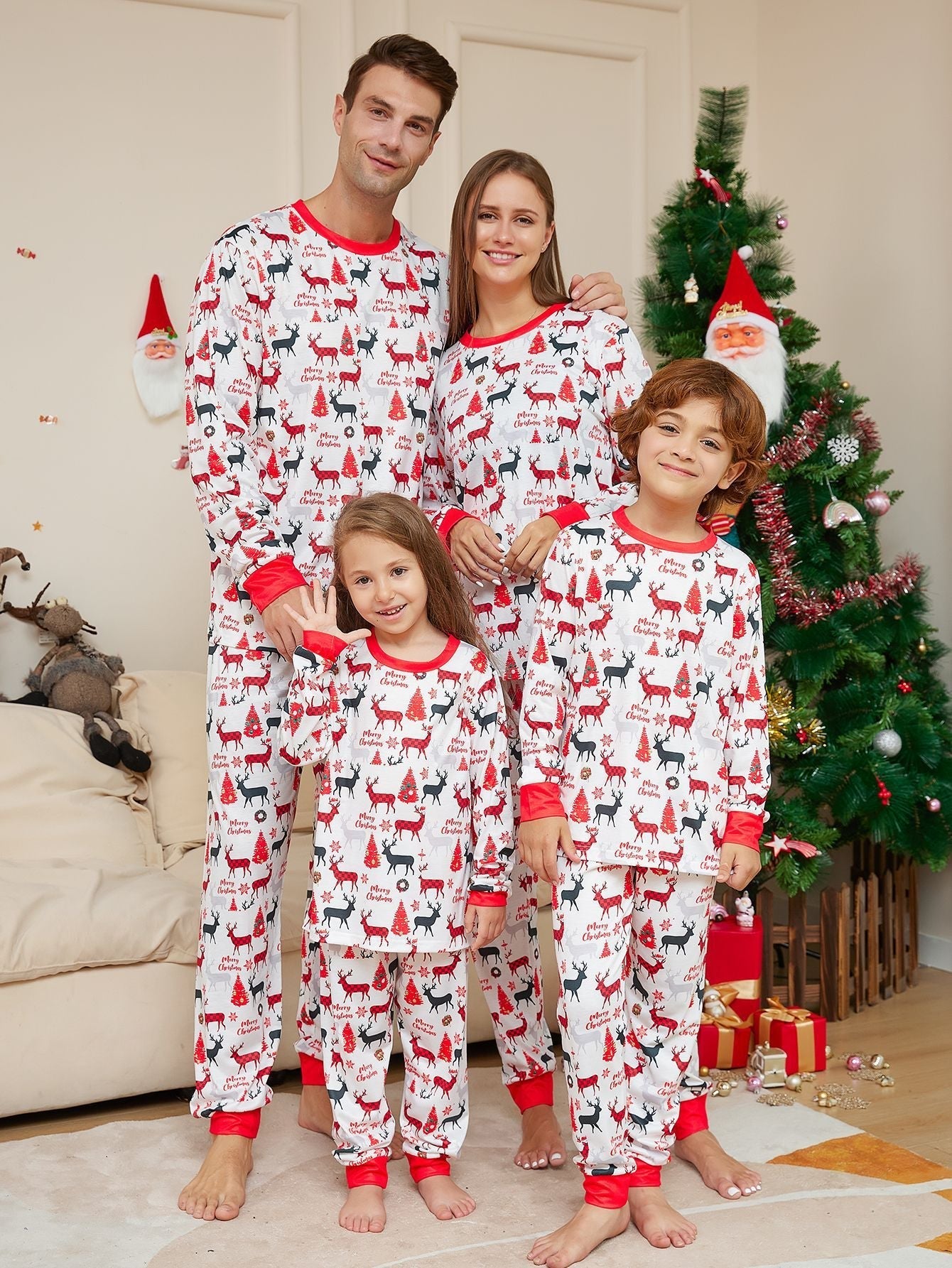 Weihnachtsrentier-Druck passende Familien-Weihnachtspyjamas | Pyjamas für Erwachsene, Kinder & Hunde