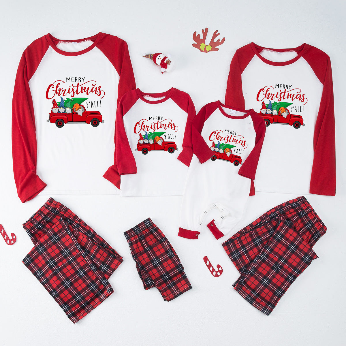 Rotes Weihnachts-Truck-Muster passende Familien-Weihnachtspajamas - Hundepajamas inklusive