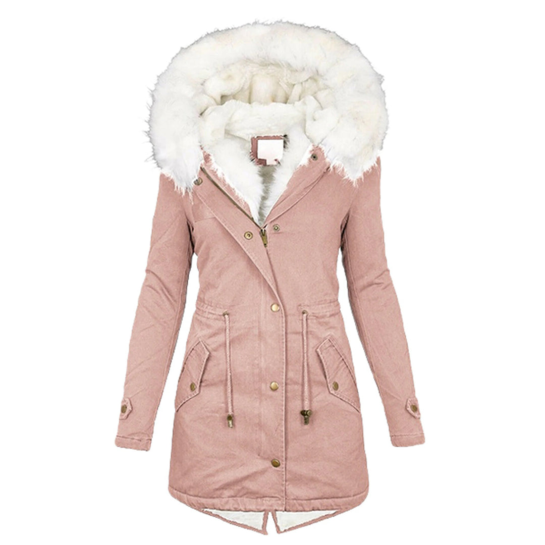 Warme Fleecegefütterte Winterjacke Damen – Winddichte Lange Jacke mit Kapuze