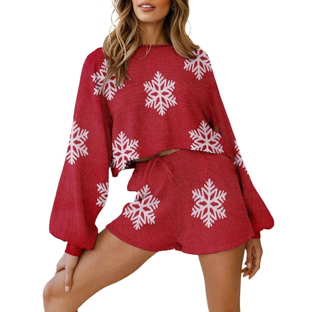 WinterWeef Weihnachts-Pyjama-Set – Strick-Lounge-Outfit mit Schneeflockenmuster