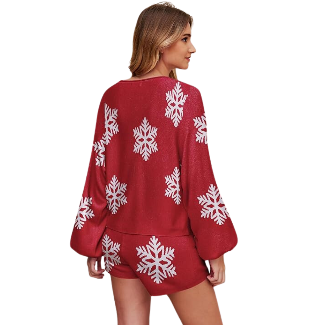 WinterWeef Weihnachts-Pyjama-Set – Strick-Lounge-Outfit mit Schneeflockenmuster