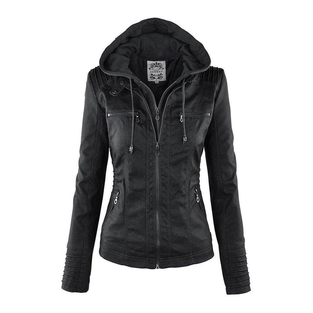 Trendy Damen Lederjacke Alesund – Schwarze PU-Jacke mit Kapuze und Reißverschluss