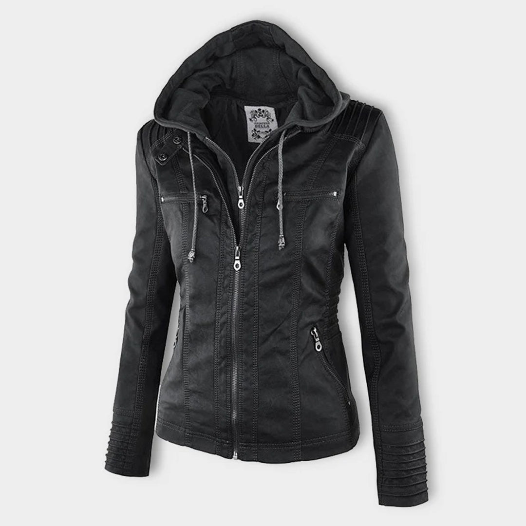 Trendy Damen Lederjacke Alesund – Schwarze PU-Jacke mit Kapuze und Reißverschluss