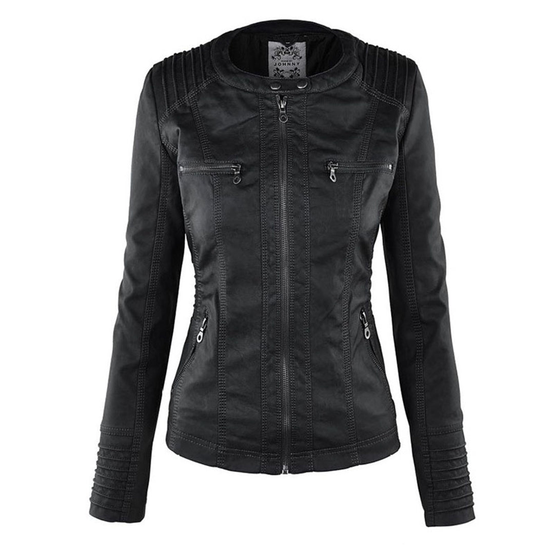 Trendy Damen Lederjacke Alesund – Schwarze PU-Jacke mit Kapuze und Reißverschluss