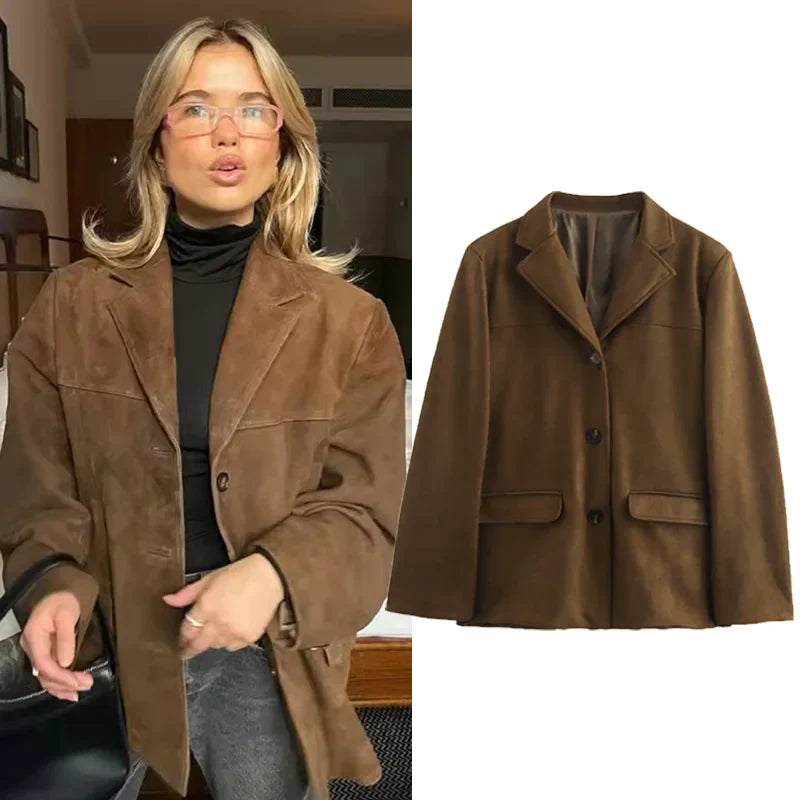 Schweizer Eleganz Damenjacke – Vintage Braun Leder Demi-Saison Look