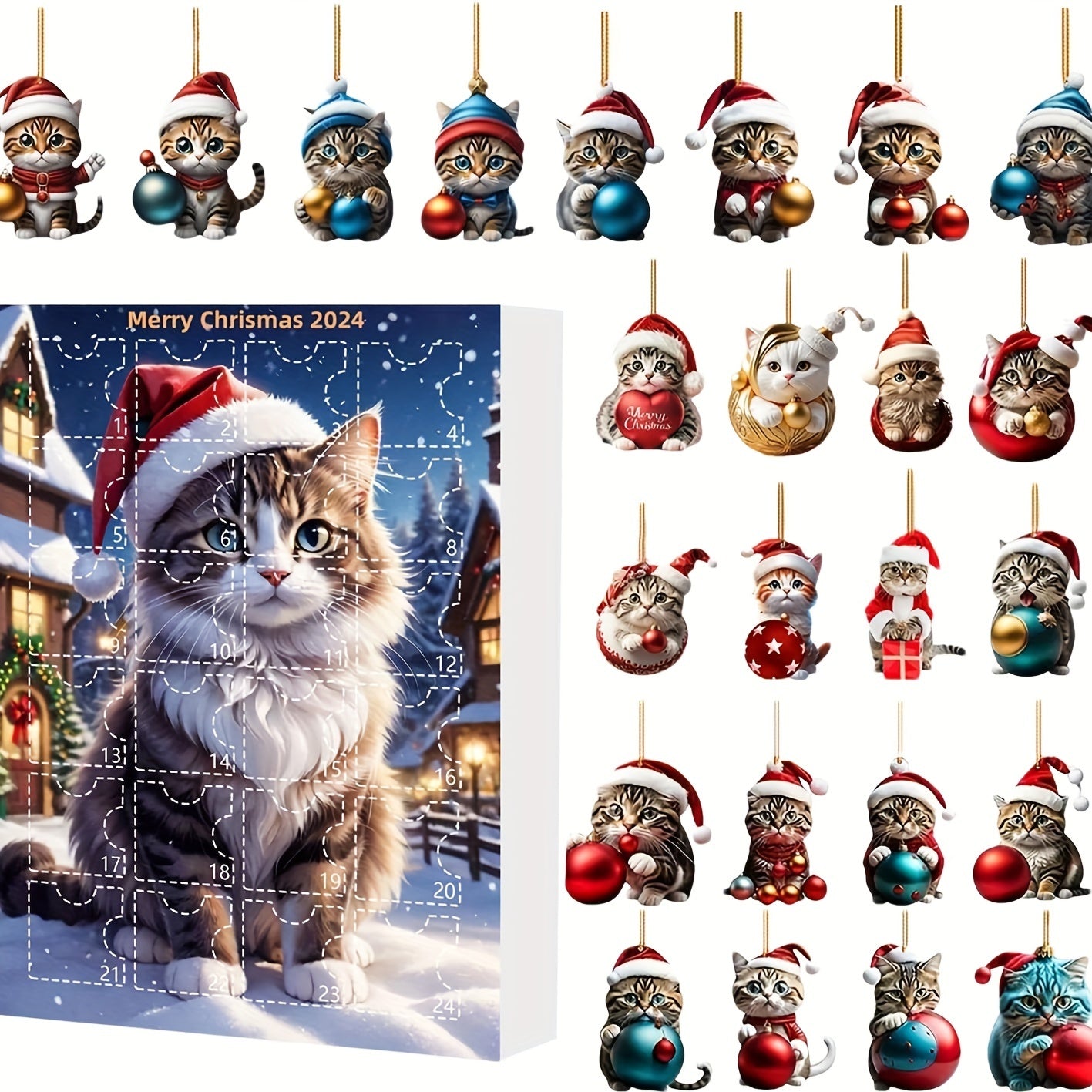Vintage Katzen Adventskalender – 24-teiliges Weihnachtskalender mit Acrylanhängern