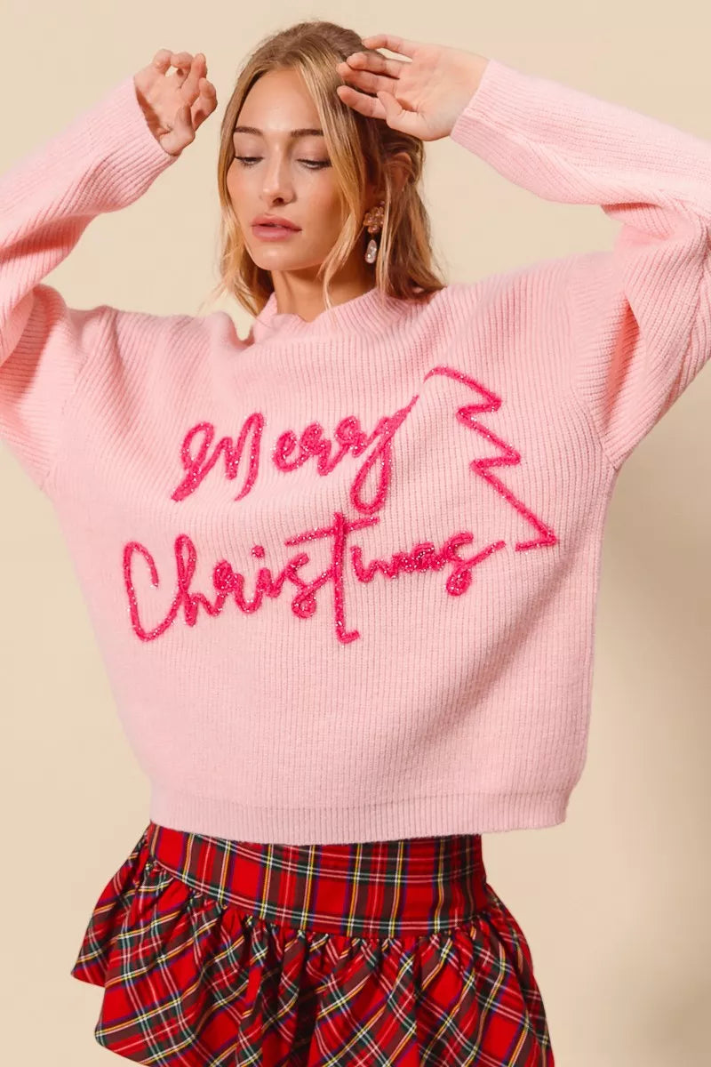 Rosa “Frohe Weihnachten” Glitzer Schriftzug Pullover