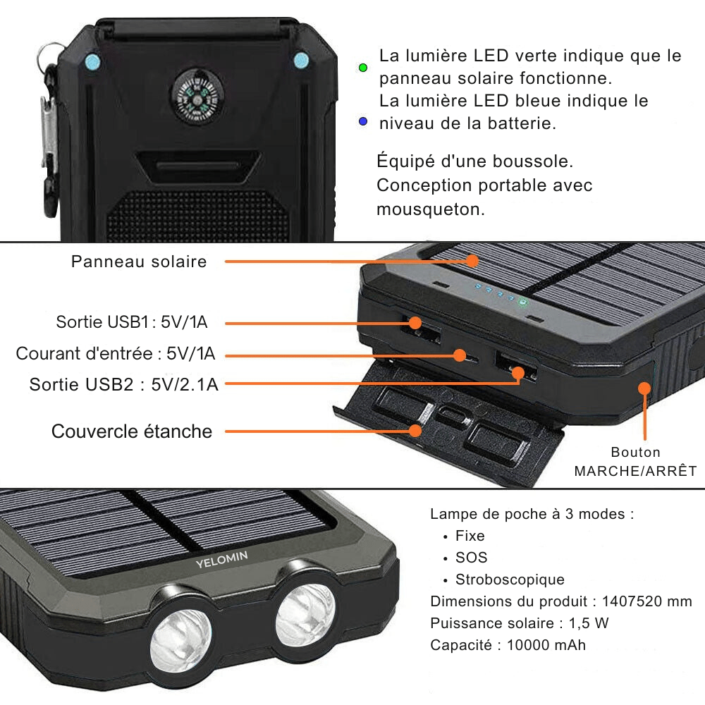 Wasserdichte Stoßfeste Solar-Batterie 10.000 mAh | Solaraufladbar