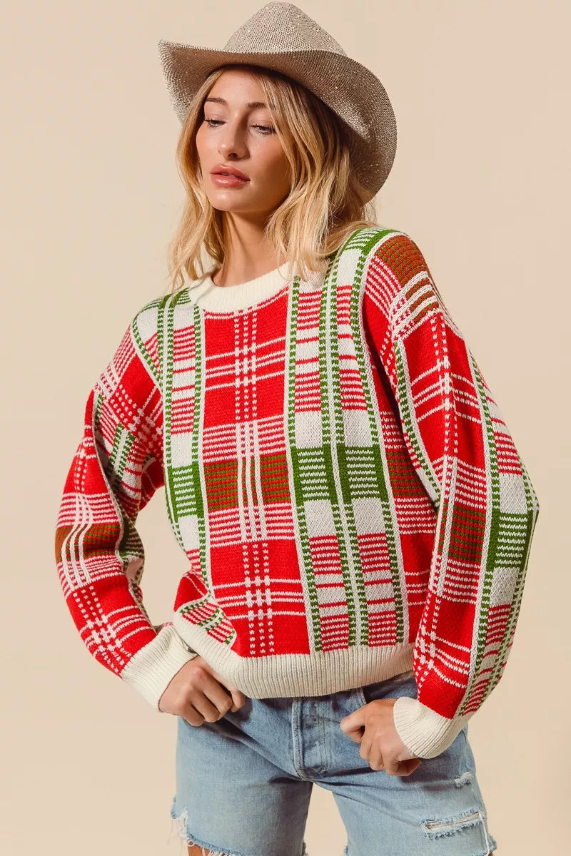 Rot & Grüner Weihnachts-Karierter Pullover mit Rundhalsausschnitt