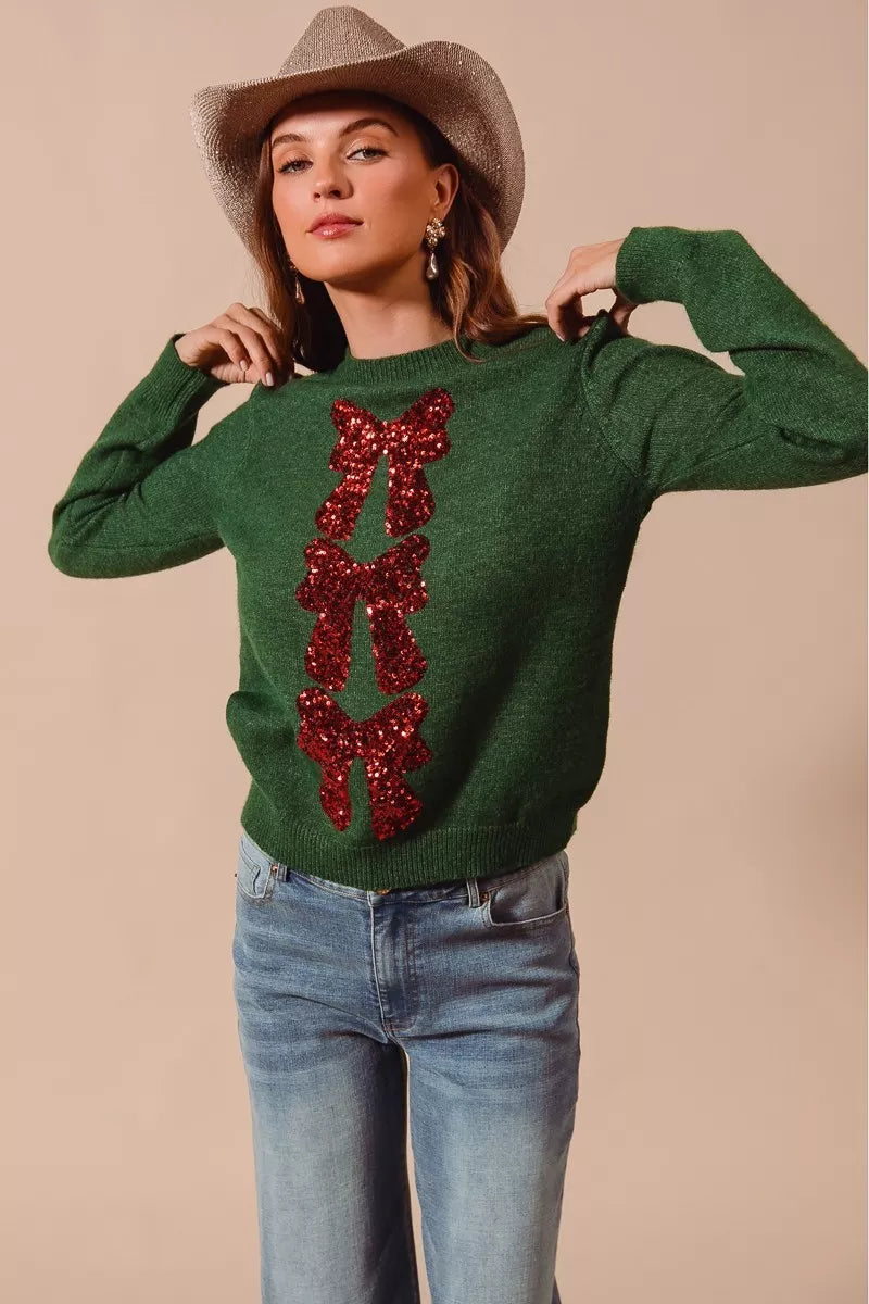 Grüner Weihnachts-Pullover mit Pailletten und Schleife