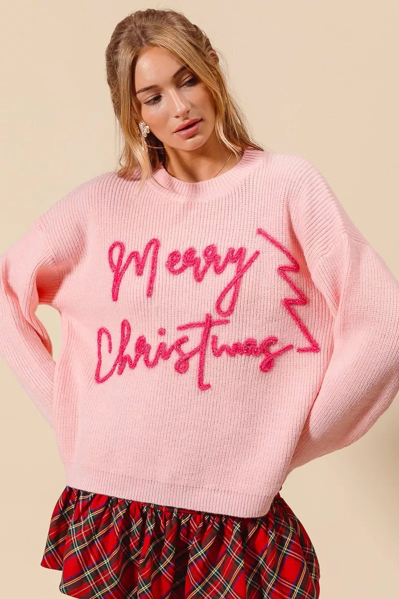 Rosa “Frohe Weihnachten” Glitzer Schriftzug Pullover