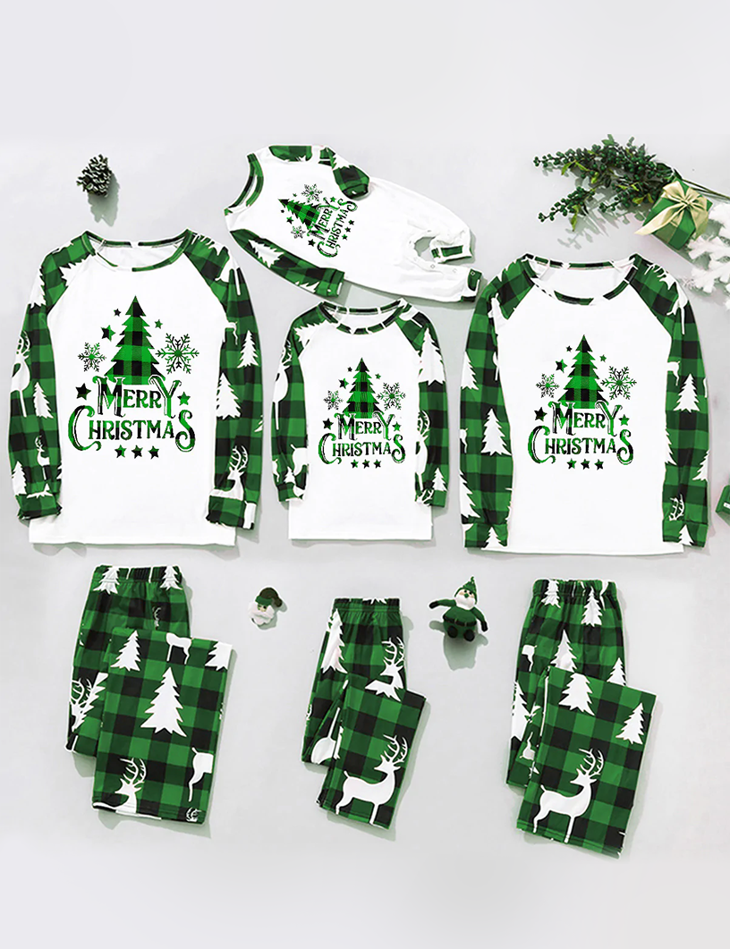 Grünes Karomuster Weihnachtsbaum-Design Familien-Pyjama-Sets (mit Hundekleidung für Haustiere)