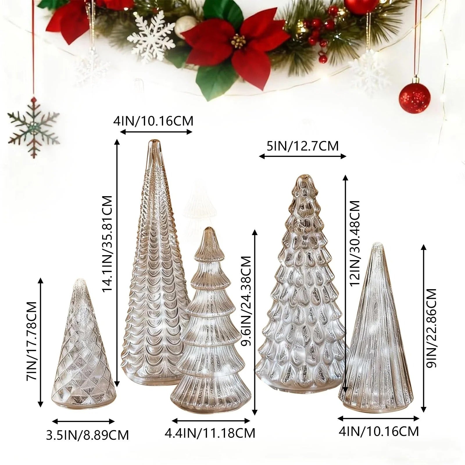 GlansPine LED Tannenset – 5-teiliges Silbernes Weihnachtsdekor mit Warmem Licht