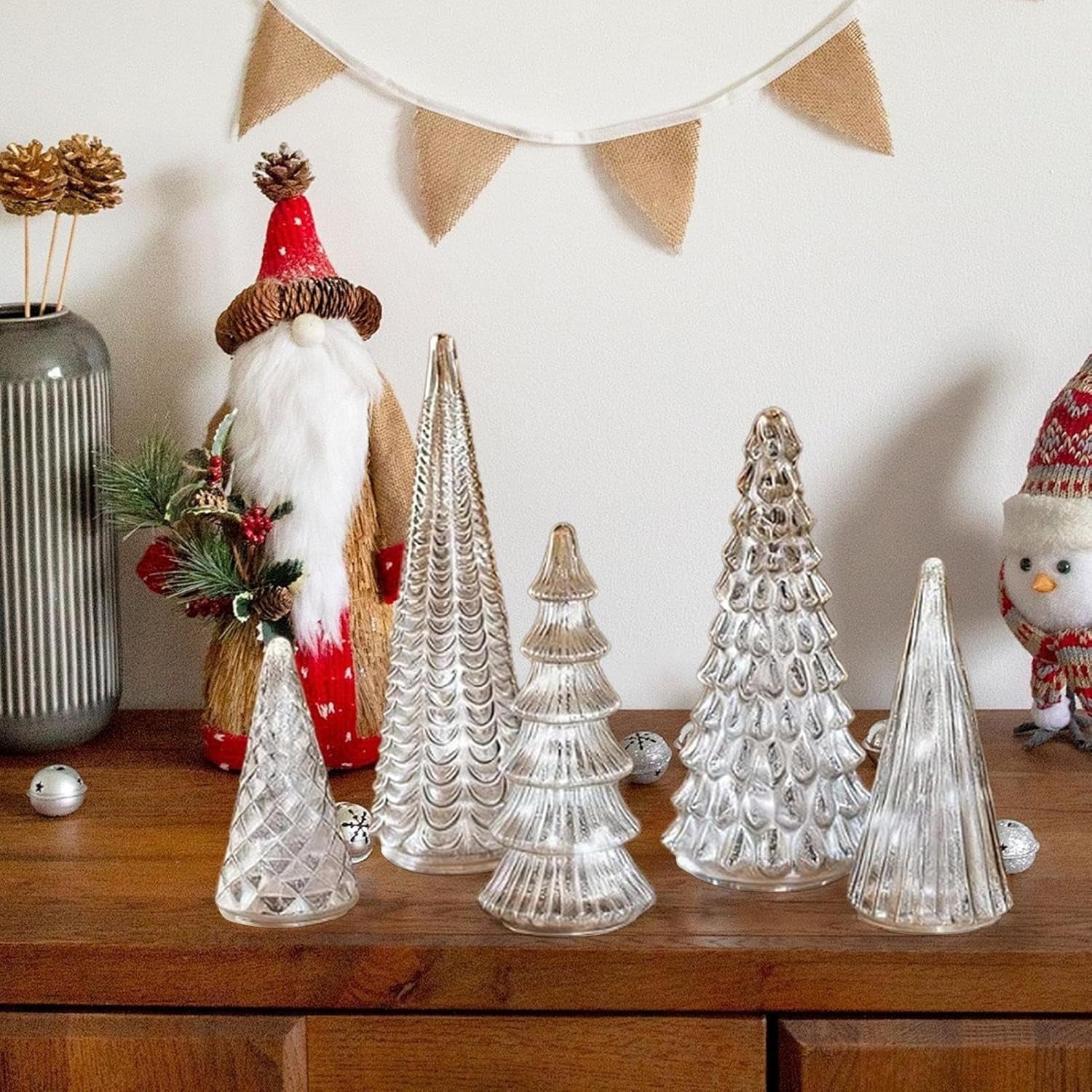 GlansPine LED Tannenset – 5-teiliges Silbernes Weihnachtsdekor mit Warmem Licht