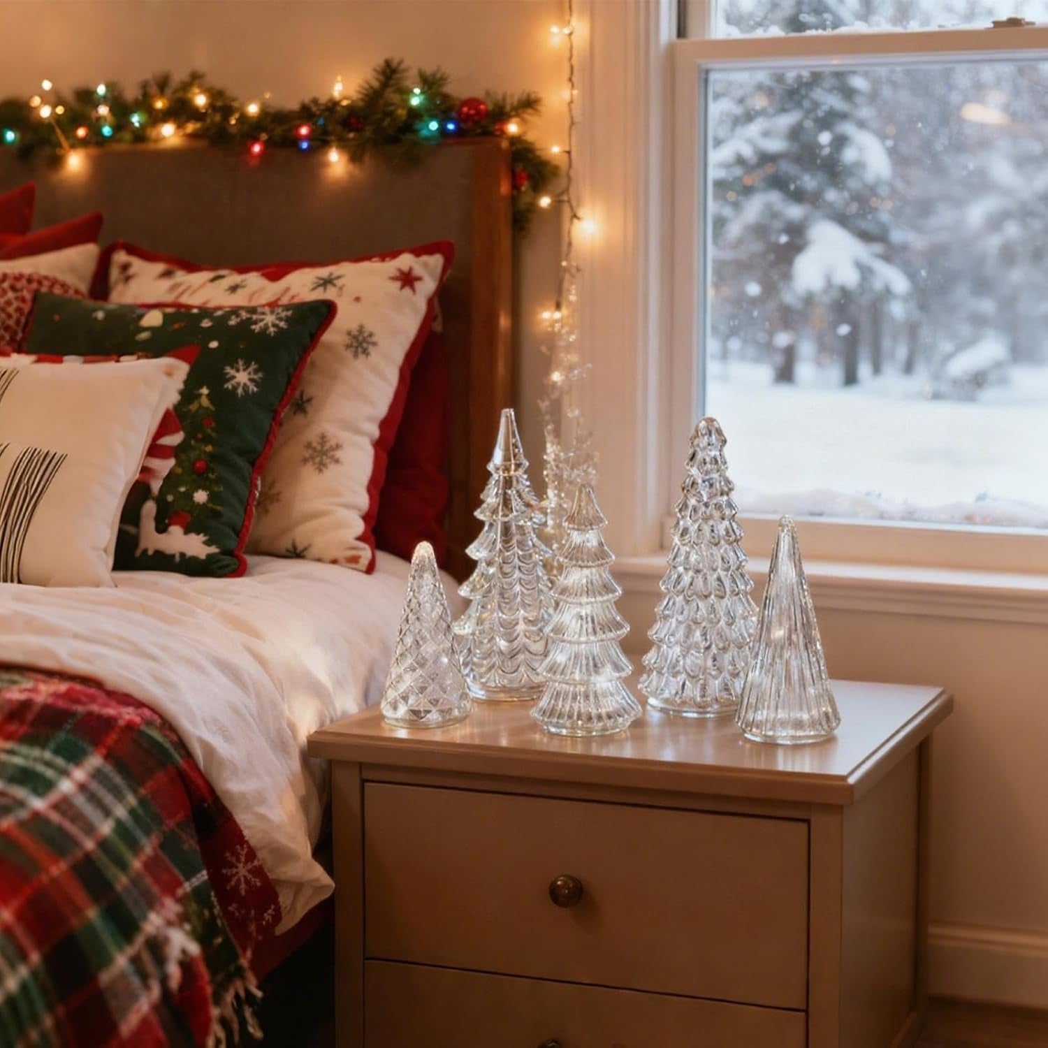 GlansPine LED Tannenset – 5-teiliges Silbernes Weihnachtsdekor mit Warmem Licht