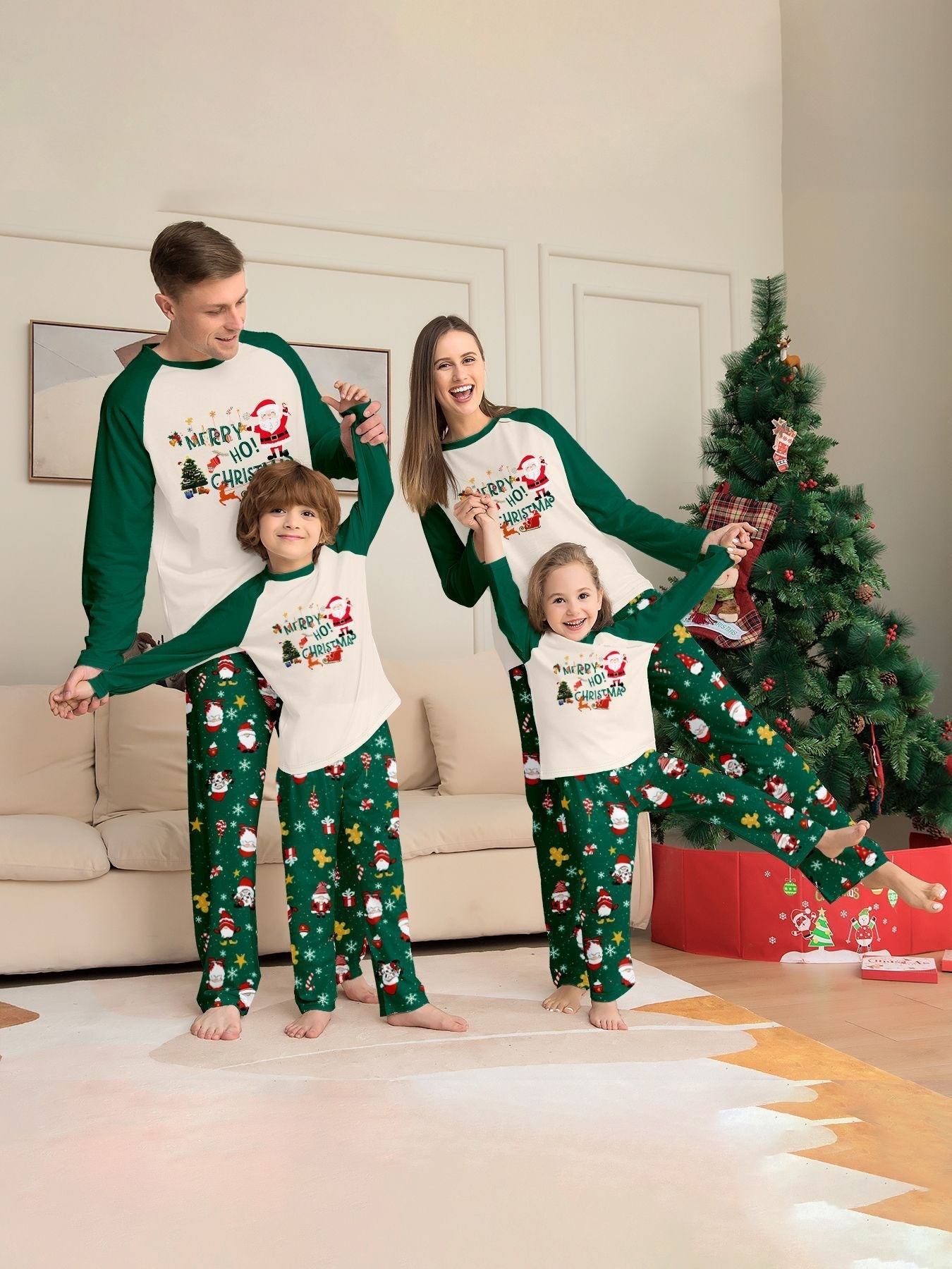 Grüne Feiertags-Familien-Weihnachtspyjamas | Pyjamas für Erwachsene, Kinder und Hunde